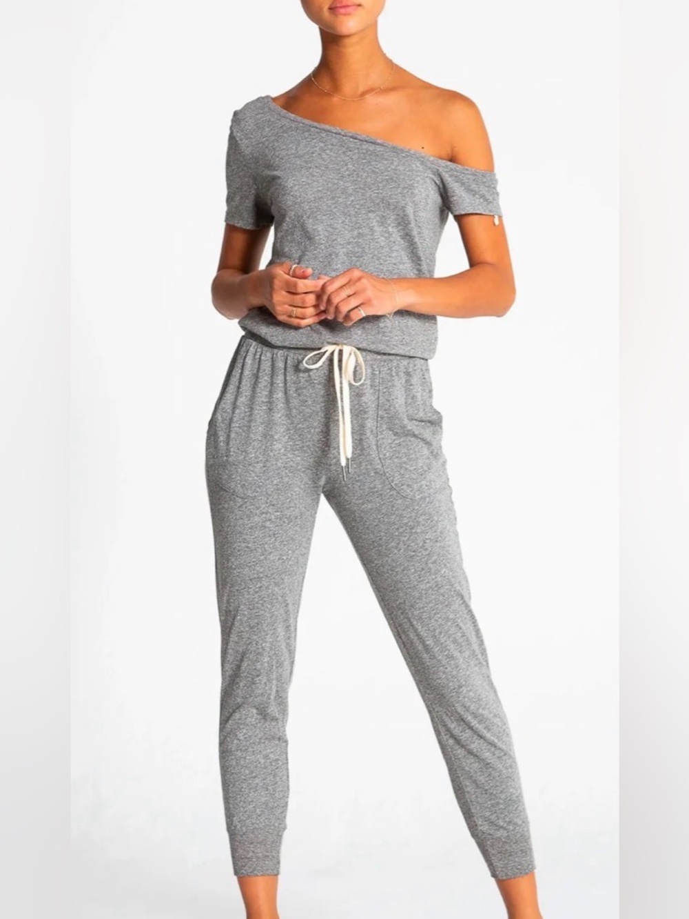 Off-Shoulder Gray Philanthropy Britton Jumpsuit with Drawstring Waist